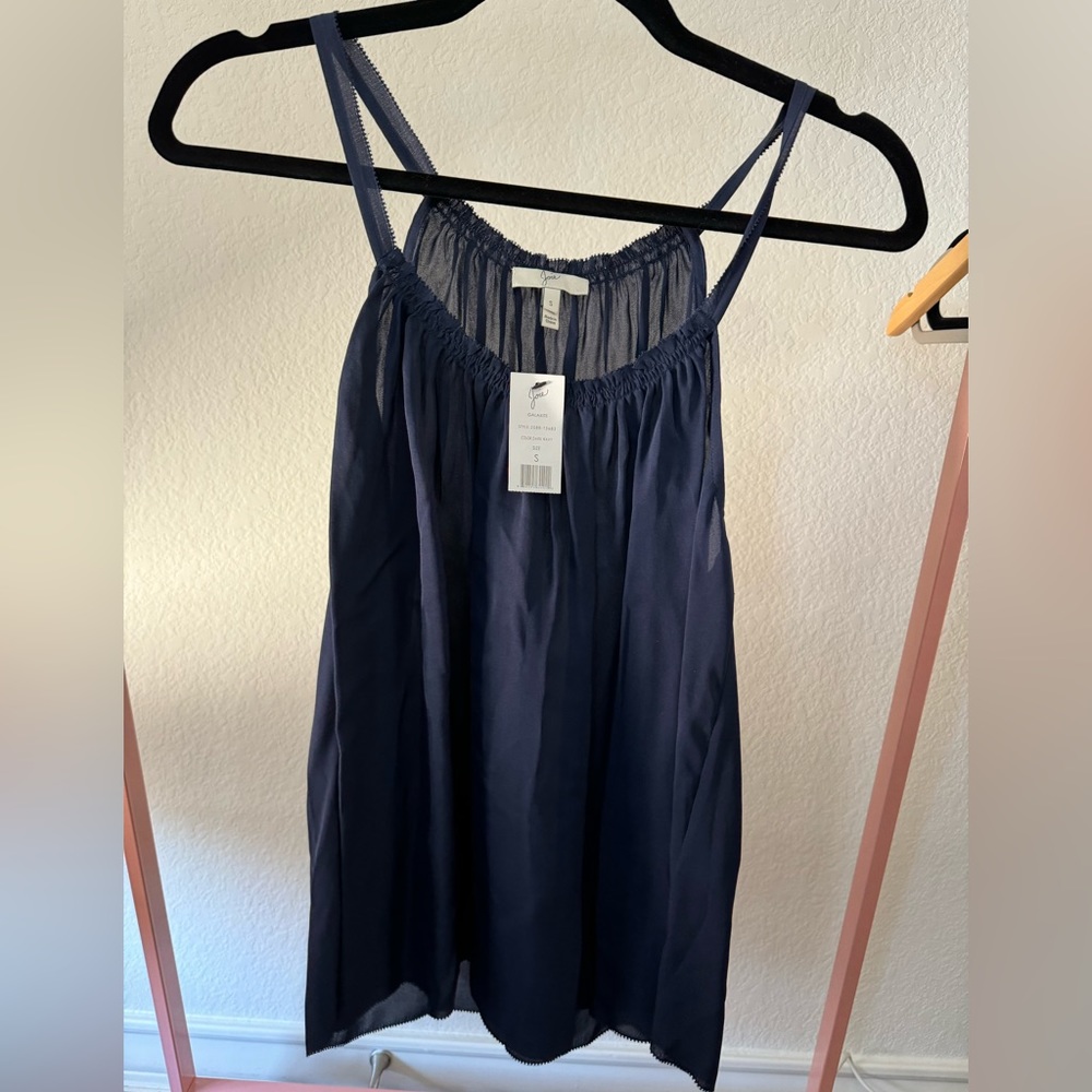 JOIE Galaxite Navy Blue Sleeveless Pleated Silk Halter Tank Top. Size small- NWT